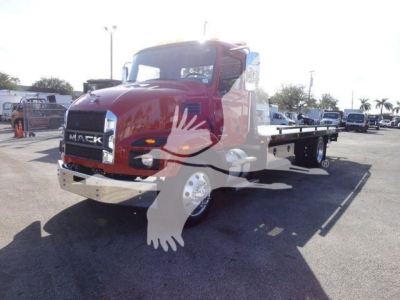 Front-left view of a maroon 2027 Mack MD6 rollback tow truck with flatbed, showing Mack grille and headlights.