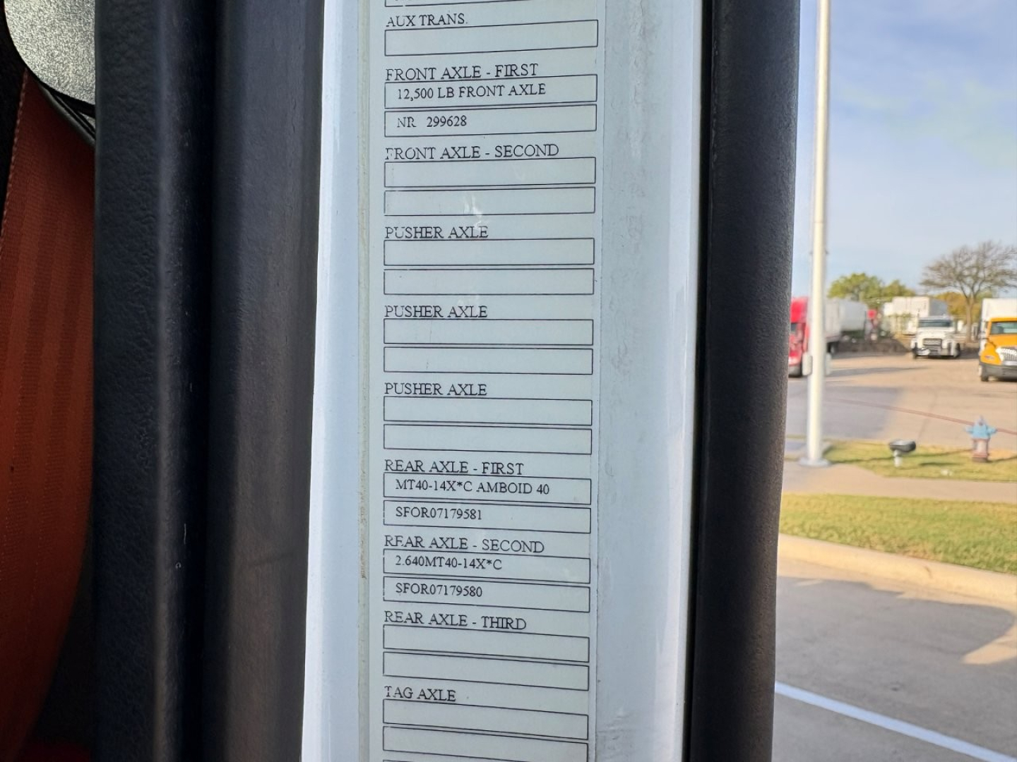 Volvo truck door sticker showing axle specifications such as Front Axle - First 12,500 LB, Rear Axle - First 6,804 LB etc.