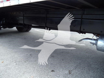 Truck undercarriage with box trailer frame and exhaust visible; watermark of a bird silhouette overlays the image.