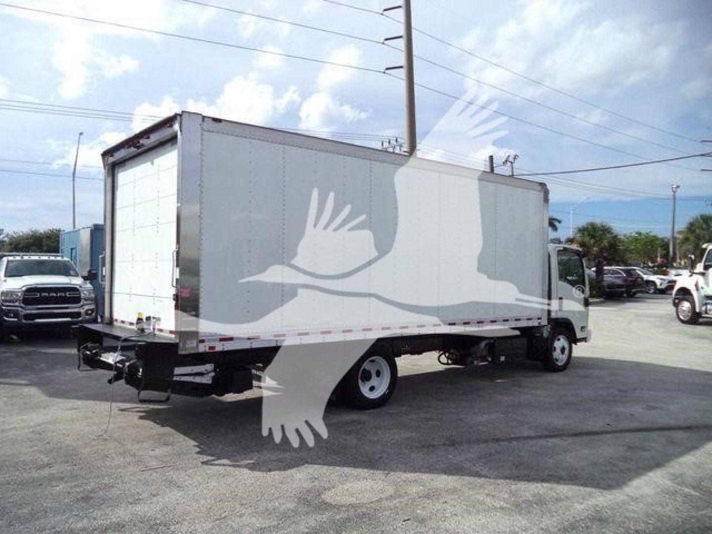Isuzu NPR/NRR box truck seen from rear-left side, cargo box with roll-up rear door and underride bumper, street scene in background.