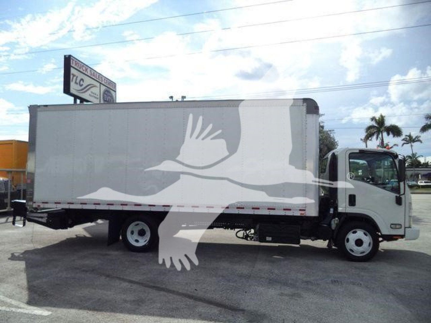Isuzu box truck side view showing stock body with white cab and box. Visible text: none legible on truck; background sign TLC Truck, chain-link fence.
