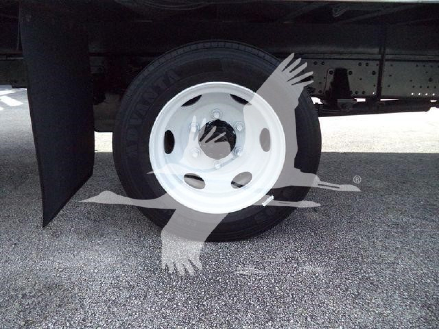 Isuzu NPR/NRR wheel well view showing white steel wheel and tire mounted under chassis; no legible labels visible on the tire or surrounding components.