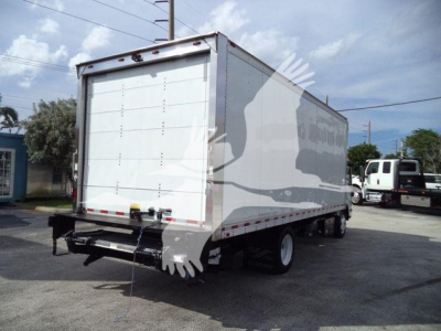 Isuzu box truck rear view with white cargo area and bumper, stock content not legible in image.