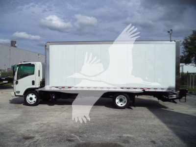 2019 Isuzu NPRR box truck side view with cargo box and cab, stock number 210706FM.