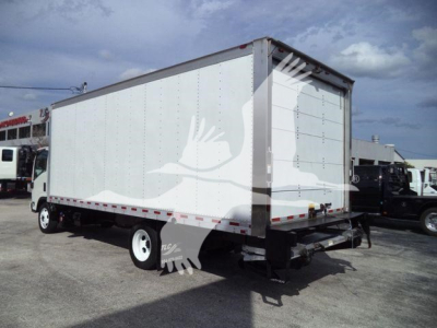 Isuzu NRR box truck from rear-right view showing cargo box and rear doors.