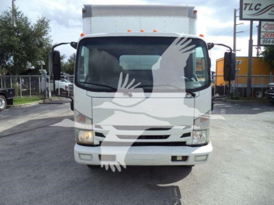 Isuzu NRR box truck front view with stock number 210706FM visible in listing.