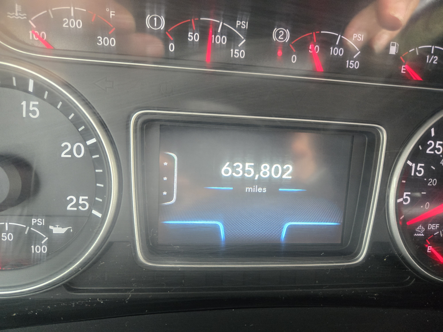 Dashboard of a used 2019 International LT625 Condo truck showing odometer reading 635,802 miles, gauge cluster, and digital display.