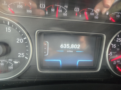 Dashboard of a used 2019 International LT625 Condo truck showing odometer reading 635,802 miles, gauge cluster, and digital display.