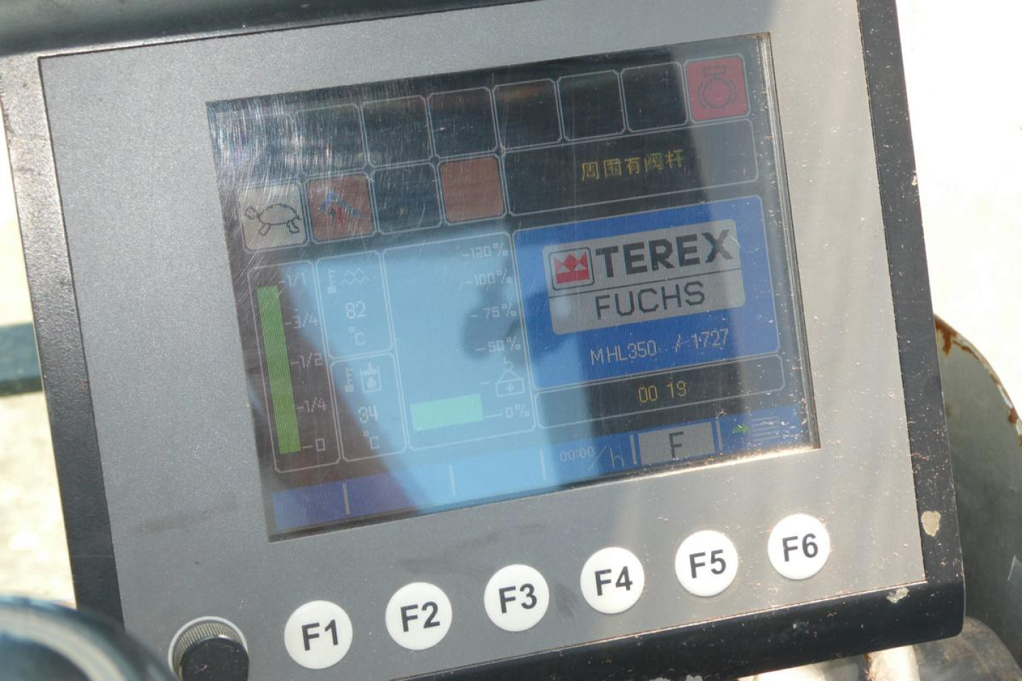 Control panel of Terex MHL350D hydraulic machine showing Terex Fuchs branding and model MHL350, with F1-F6 buttons visible.
