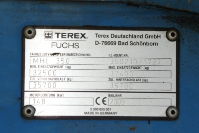 Terex machine identification plate showing Terex Deutschland GmbH and model MHL350, serial number 350210/??? with engine power 148 kW, year 2009, weight data.