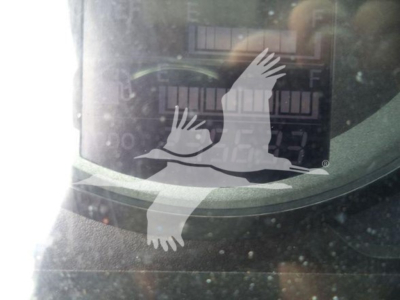 Truck dash gauge display with a bird graphic overlapping the screen; faint text and numbers visible behind the graphic.