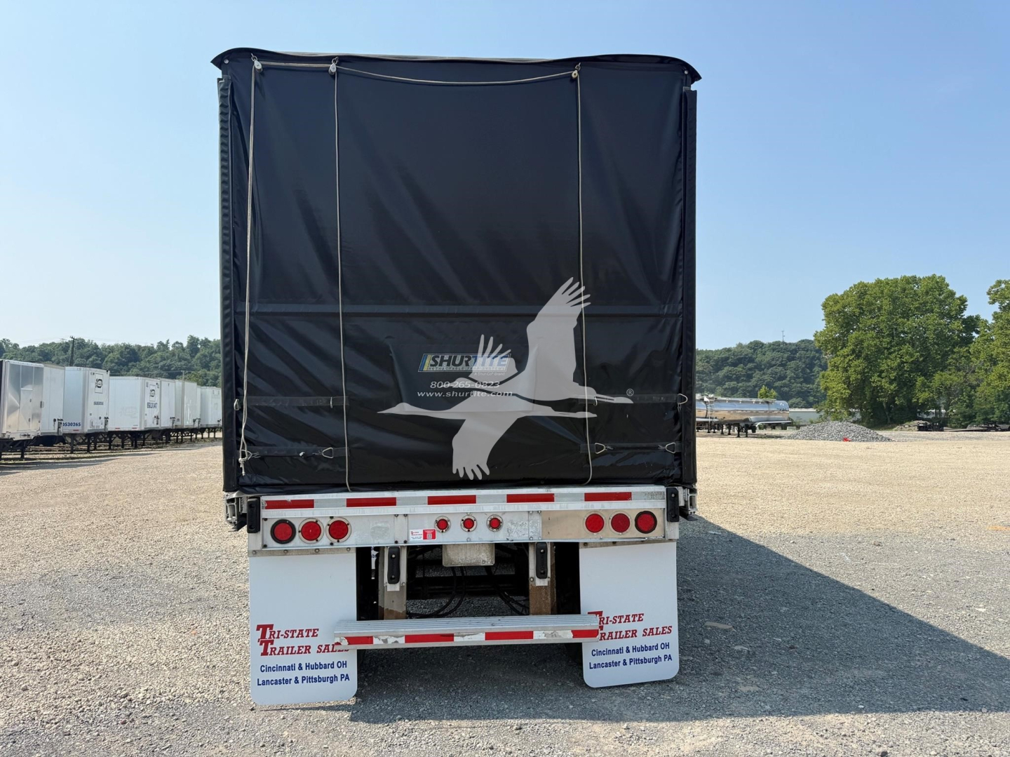 Rear view of a 2012 Reitnouer Maxmiser curtainside trailer showing tail lights, bumper, and black tarpaulin with a white bird logo.