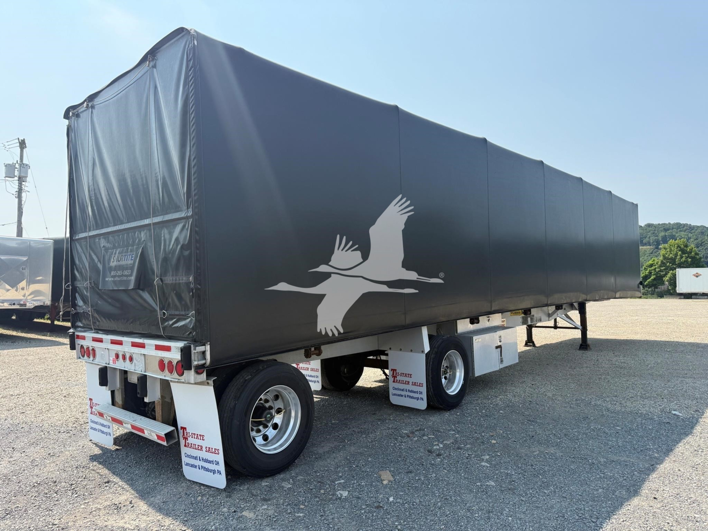 Trailer side view showing a black curtain-side trailer with a large white bird decal and rear lights; text panels on mud flaps and undercarriage components visible.