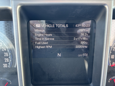 Mack GR64B cab and chassis dash display showing Vehicle Totals: Mileage 1971 mi, Engine Hours 59.2 h, Time in Service 2d 17h 18m, Fuel Used 320 gal, Highest RPM 2220, N gear indicator
