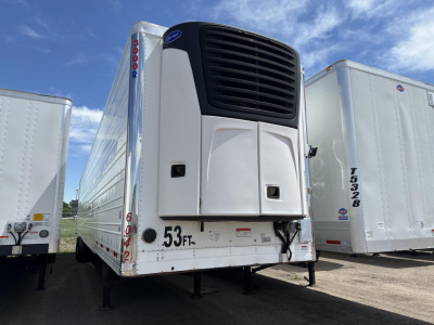 Utility 3000R trailer with refrigeration unit, front view showing 53 ft and inventory labels.