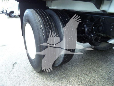Rear dual rear wheel assembly of a Ford F650 dump truck showing dual tires, suspension, and undercarriage components.