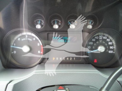 Dashboard of 2015 Ford F650 truck showing instrument cluster, gauges, and gear selector with PRND421 display.
