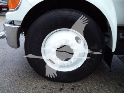 Truck front wheel and fender showing Goodyear tire and white steel wheel with lug nuts.