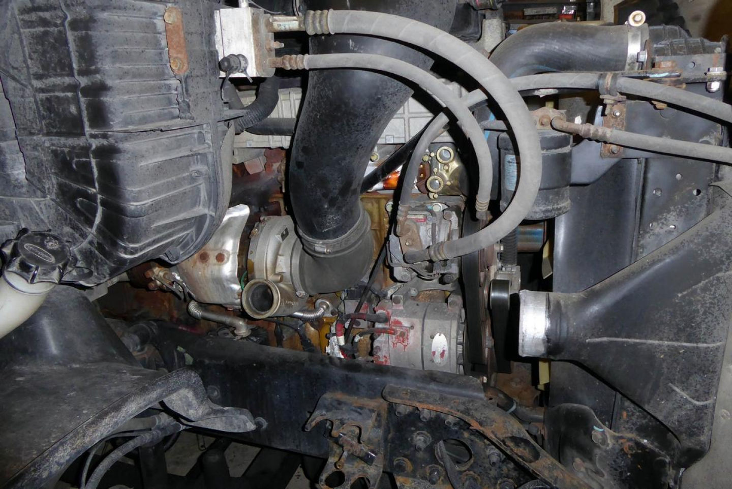 Engine bay of 2012 Freightliner Cascadia 113 showing intake hoses, belts, and wiring in view with diesel engine components.