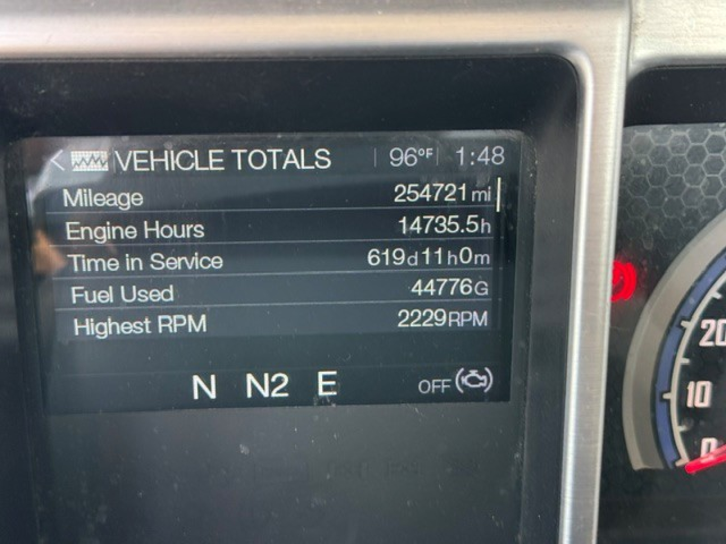 Mack Anthem truck instrument cluster display showing Vehicle Totals: Mileage 254721 mi, Engine Hours 14735.5 h, Time in Service 6191h10m, Fuel Used 44776 G, Highest RPM 2229. N N2 E gear indicators.