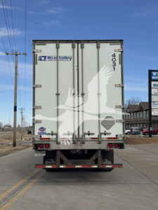 Trailer rear view showing River Valley logo, doors with overhead latches, '4031' on right edge, red/amber taillights and bumper under a blue sky.