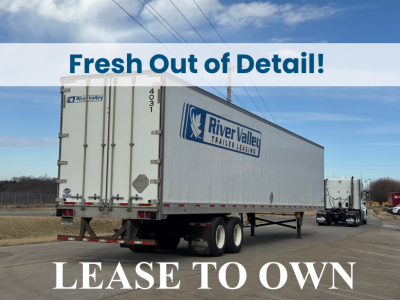 Trailer with River Valley Trailer Leasing logo, rear view showing doors, dual rear tires, and 'Fresh Out of Detail!' banner across image.