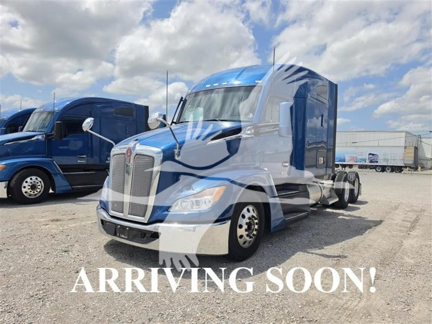 Kenworth T680 sleeper cab truck in blue with white accents, front grille, and chrome bumper; text overlay 'ARRIVING SOON!' on image