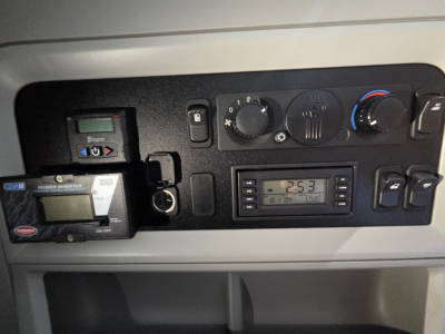 Kenworth T680 dash cluster and controls showing digital clock and vents