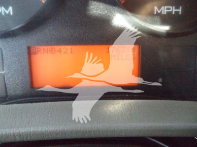 Vehicle dashboard showing an orange LCD odometer/statement with digits and a bird watermark overlay. Readable text includes BRN0421 and MILES.