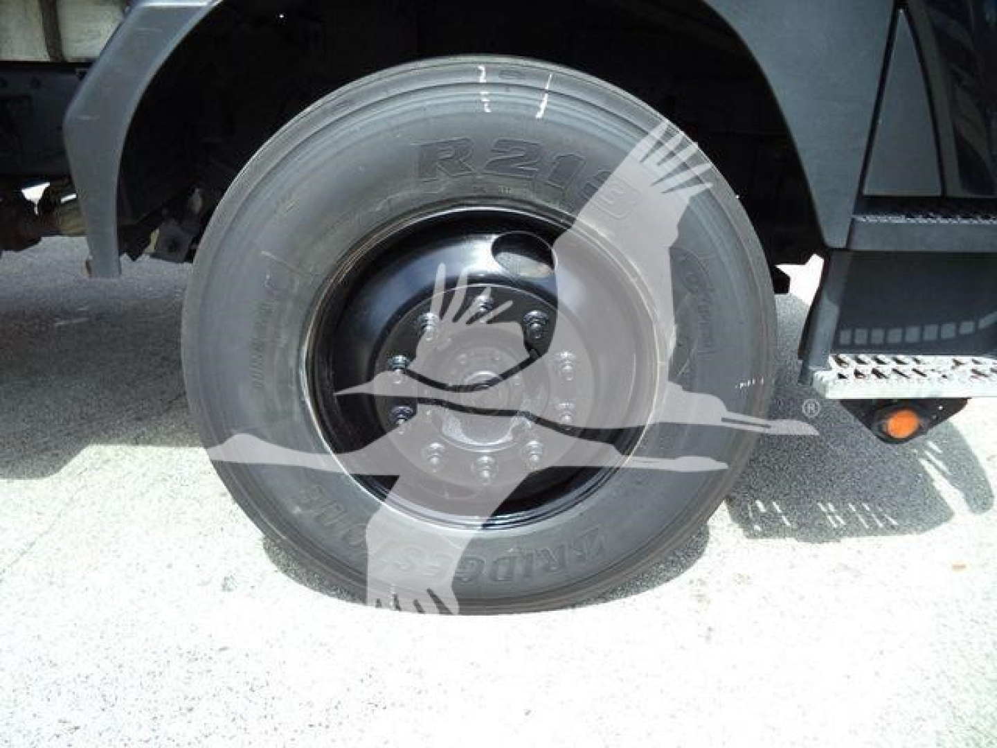 Truck wheel and fender showing front tire with rim and wheel well.