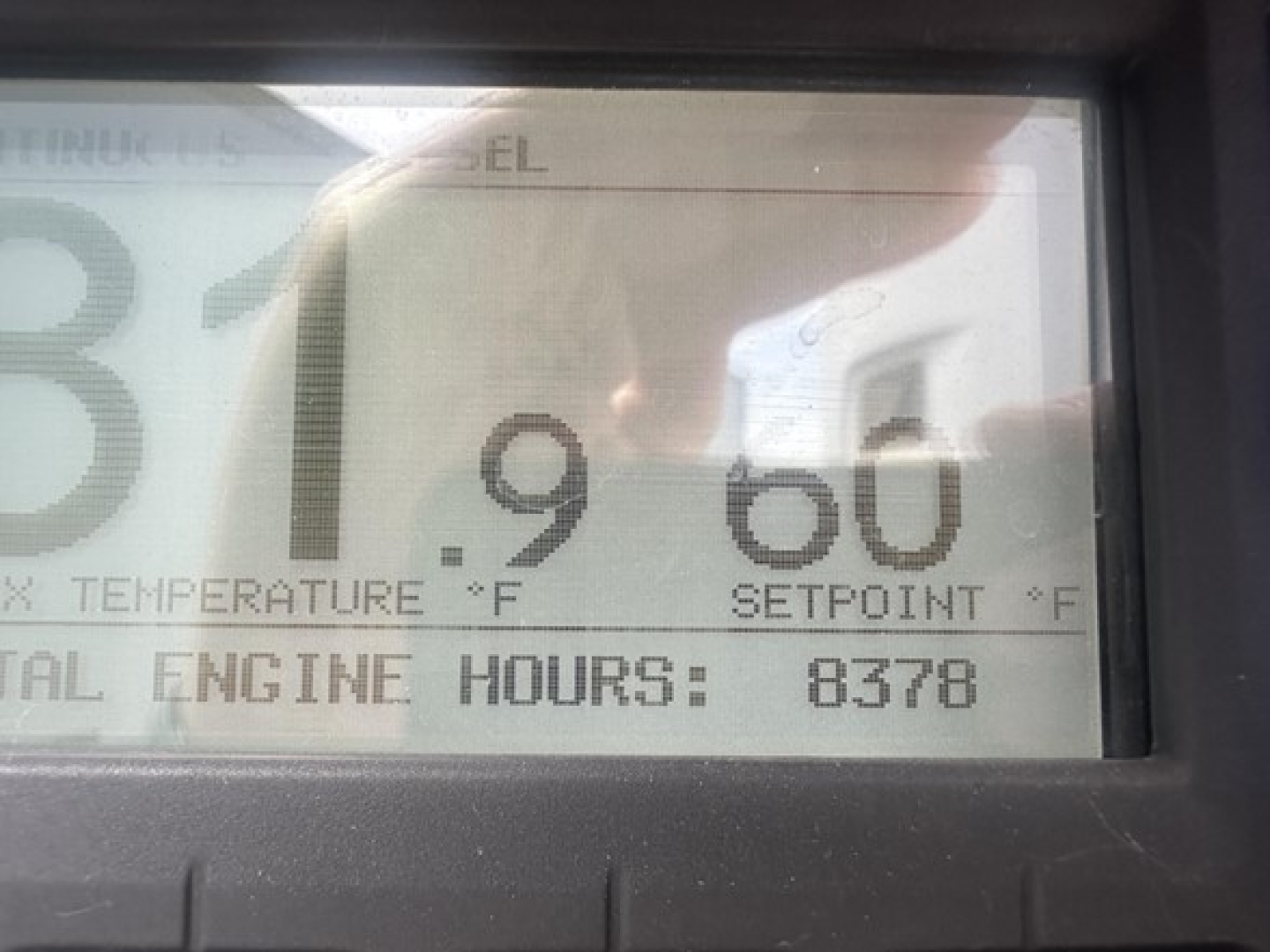 Trailer cab display showing cool temperature -9.6 F and setpoint 60 F with engine hours 8378.