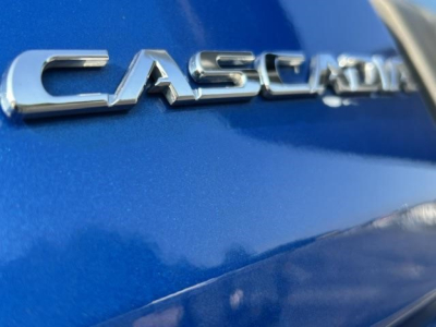 Cascia Freightliner badge on blue truck showing 'CAS' chrome lettering in close-up