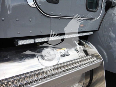 Peterbilt 337 truck side fuel tank and steps, chrome finish, external LED light bar visible under door.