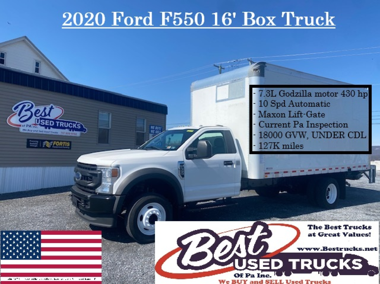 Ford F-550 16' Box Truck with cab and chassis, side marker text on box, Best Used Trucks watermark, American flag graphic.