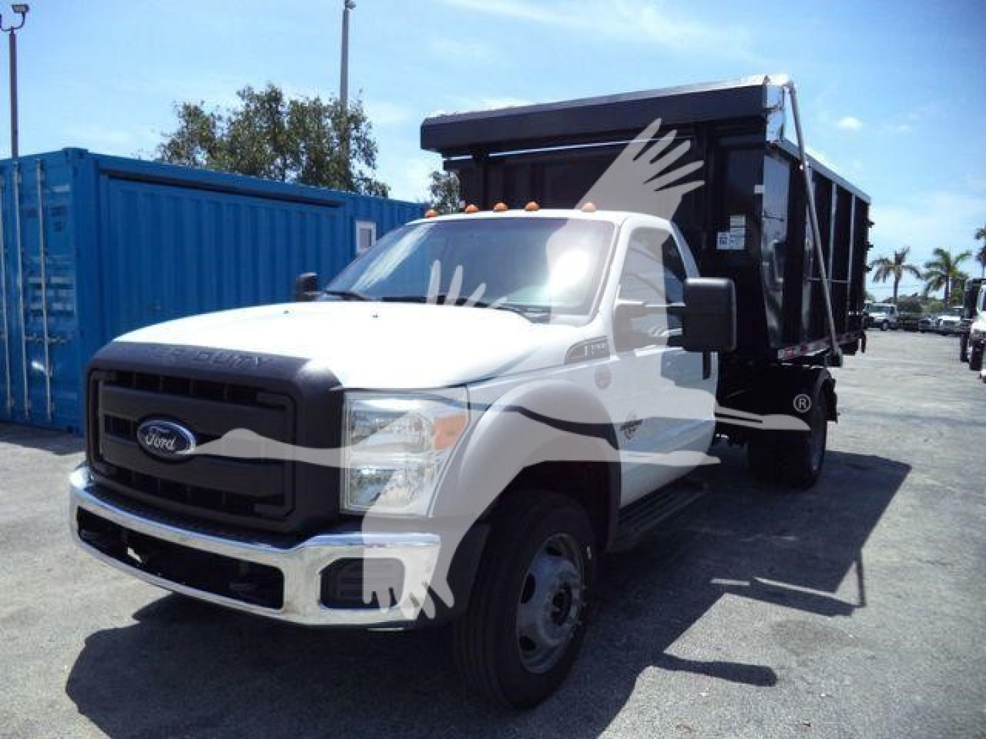 Ford F-550 dump truck in white cab and black dump bed viewed from front-left side.