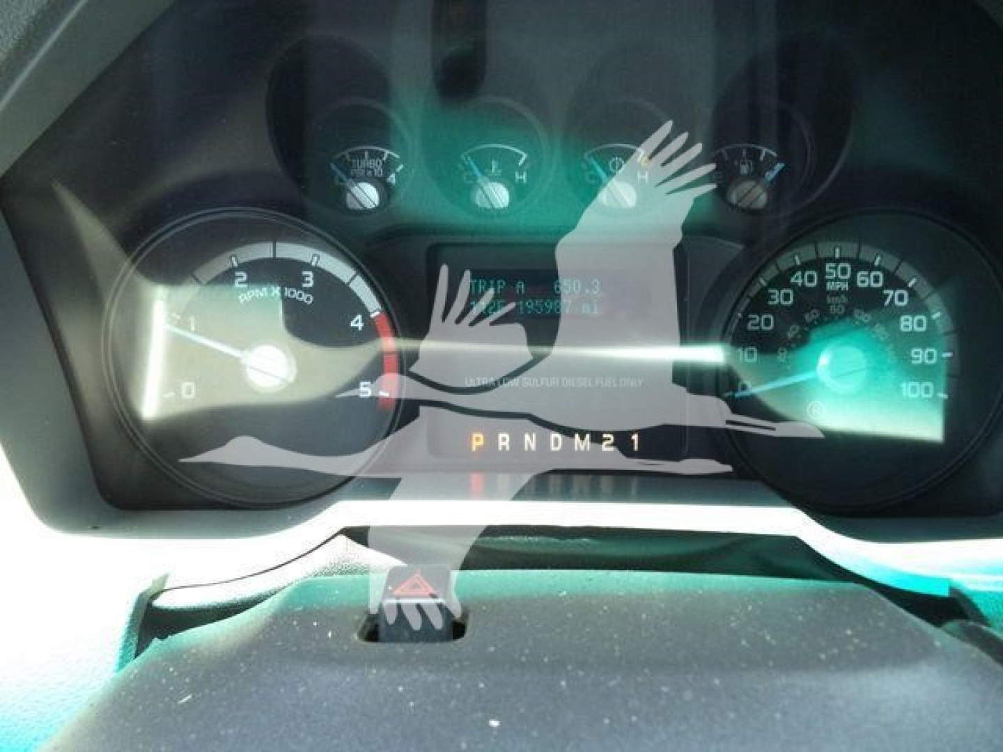 Dashboard of a Ford F-550 truck showing speedometer and tachometer with gear indicator PRNDM21. Visible labels on gauges unclear due to watermark.