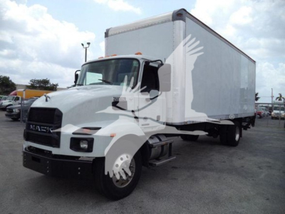 Box truck in cab-forward view showing 2023 Mack MD7 with white cab and box, VIN 1M2MDBAB3PS071396, stock 268302R, used vehicle.