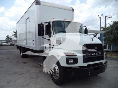 Box truck in view showing front and left side of a 2023 Mack MD7 with white cab and box body, VIN 1M2MDBAB3PS071396, stock 268302R, used.