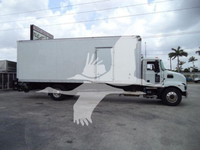 Mack MD7 box truck in service with a white cargo box and cab, side view showing length and wheelbase.