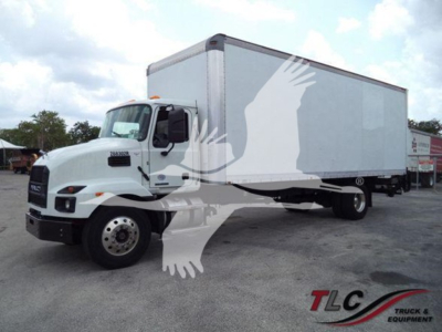 2023 Mack MD7 box truck with white cab and box, VIN 1M2MDBAB3PS071396, stock 268302R, parked in lot.