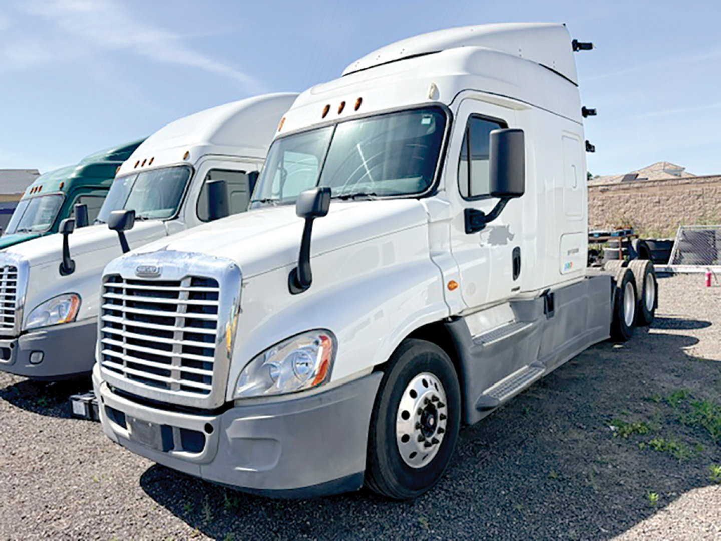 Truck cab image of a 2015 Freightliner Cascadia125 Conventional Sleeper, front-left view, white with gray bumper, side mirrors, and multiple trucks in background.