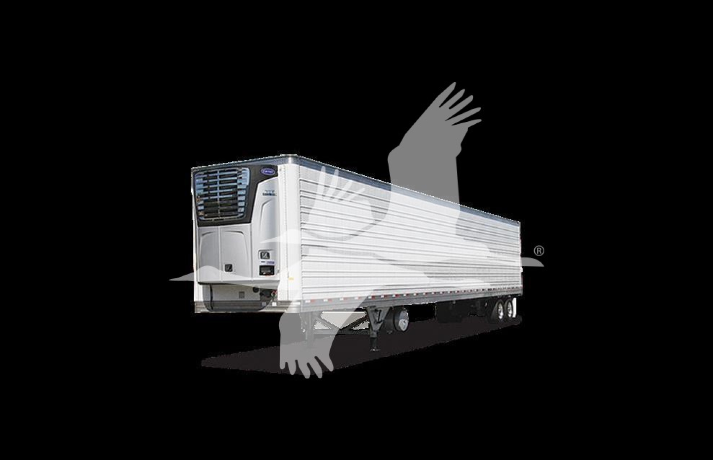 Trailer showing a refrigerated semi-trailer with a visible cooling unit at the front and a white panel exterior.