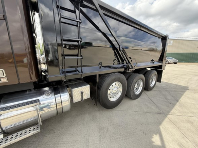 Freightliner 122SD dump truck side view showing triple rear wheels, black dump body, chrome fuel tank, ladder, and steps.