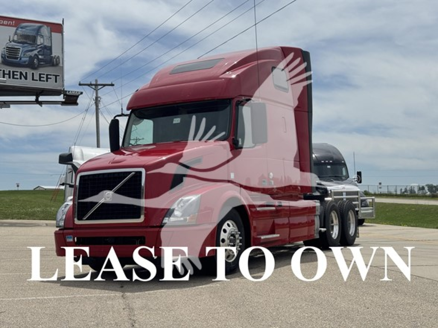 Volvo VNL64T670 tractor-trailer in red, front-right view with 'LEASE TO OWN' overlay text.