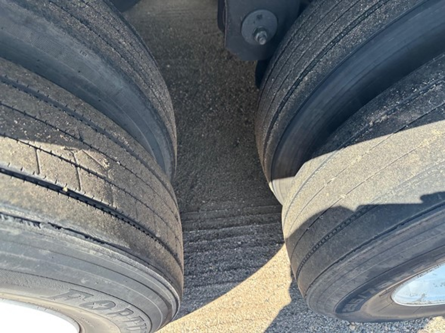Dual rear trailer tires on Great Dane Champion trailer showing tread and separation.