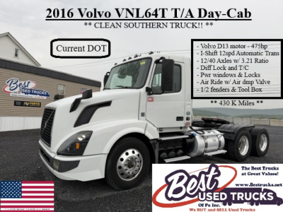 Volvo VNL64T300 Day Cab truck with text panels showing details: Current DOT, - Volvo D13 motor - 475hp, 1-Shift 12spd Automatic Trans, 12/40 Axles w/ 3.21 Ratio, Diff Lock and T/C, Pwr windows & Locks, Air Ride w/ Air damp, 1/2 fenders & To