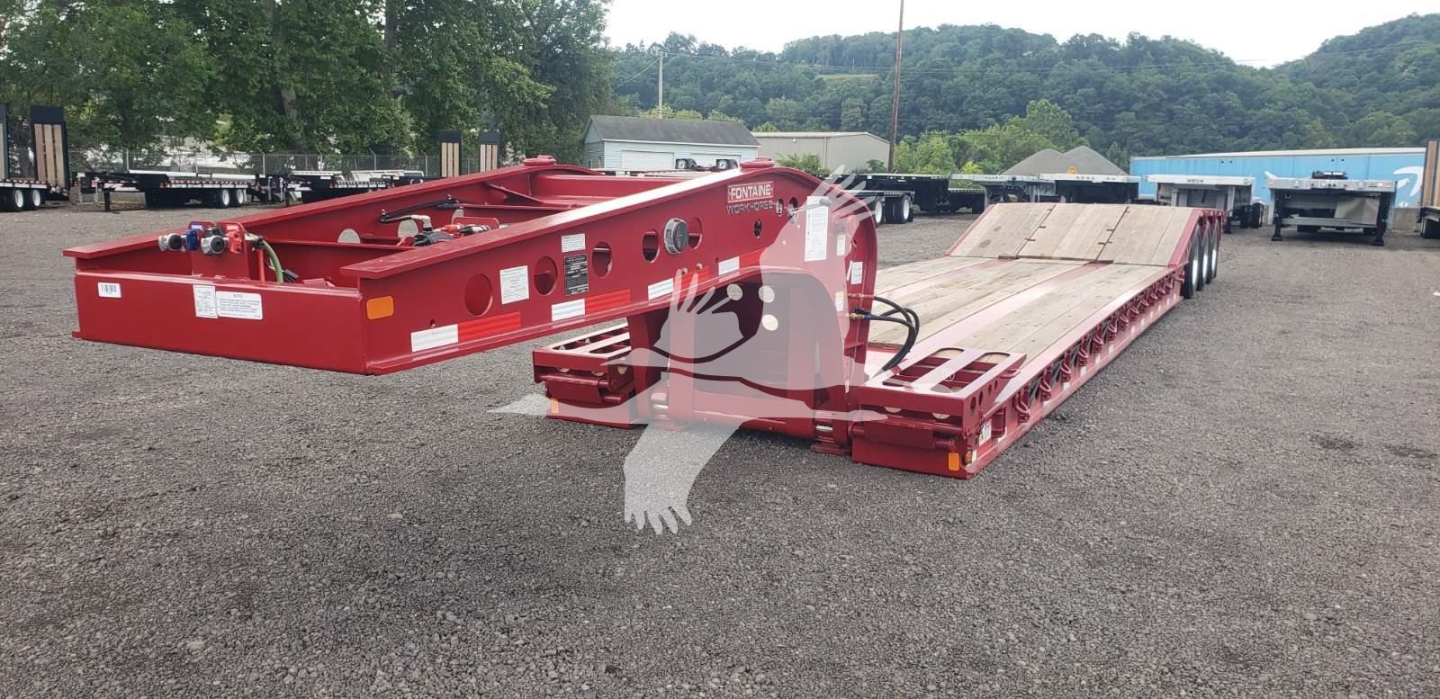 Fontaine lowboy trailer with red frame, long flatbed sections, and hydraulic components visible; VIN 13NE53301V35A7281 and stock V35A7281.