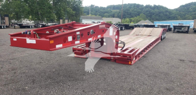 Fontaine lowboy trailer with red frame, long flatbed sections, and hydraulic components visible; VIN 13NE53301V35A7281 and stock V35A7281.