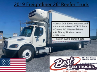 Refrigerated Freightliner M2 106 truck with 26' box and refrigeration unit, text overlay lists features.