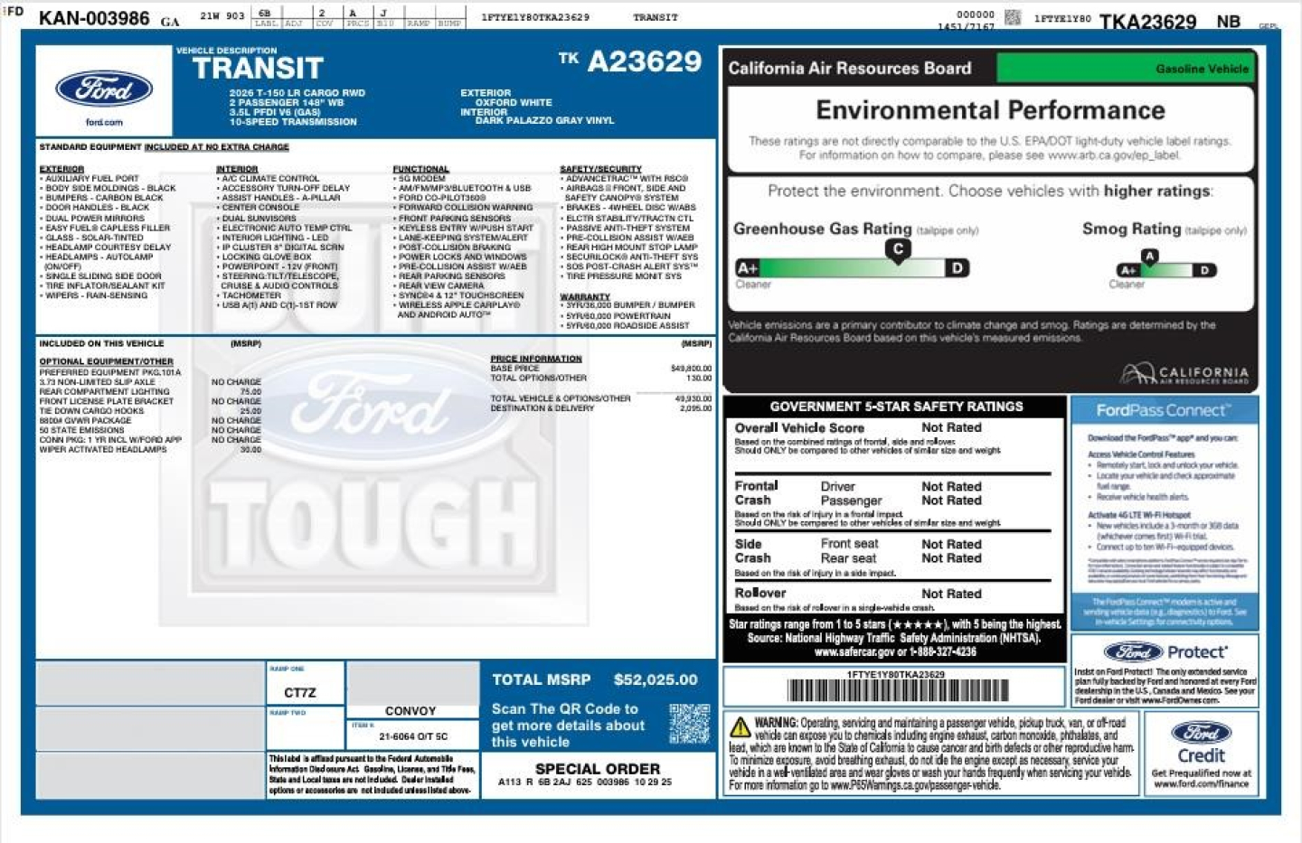 Ford Transit 2026 window sticker showing environmental performance labels and MSR pricing details.